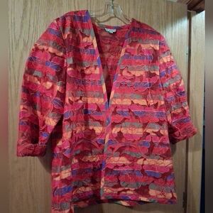 Womens Thai 100% Silk Red Blazer Floral Semi Sheer  XL 29 Long 21 Armpit 1 Clasp